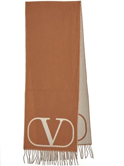 Valentino Camel And Ivory-coloured Jacquard Scarf In Brown