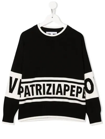 Patrizia Pepe Girl Two-tone Logo-knit Jumper In Black