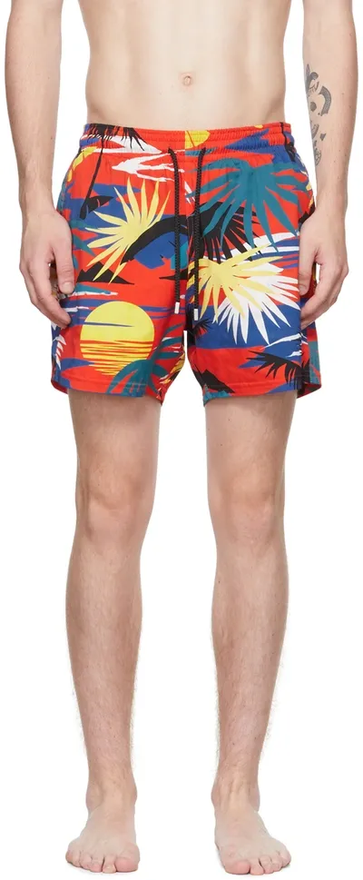 Palm Angels X Vilebrequin Hawaiian-print Swimming Shorts In Red