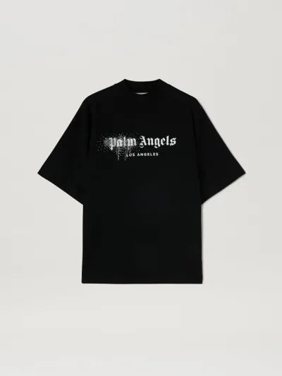 Palm Angels Black Los Angeles T-shirt With Rhinestones In Black And White