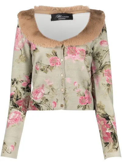 Blumarine Floral-print Fur-trim Cardigan In Grün