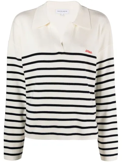 Maison Labiche Striped Wool-blend Polo Top In Off White Navy