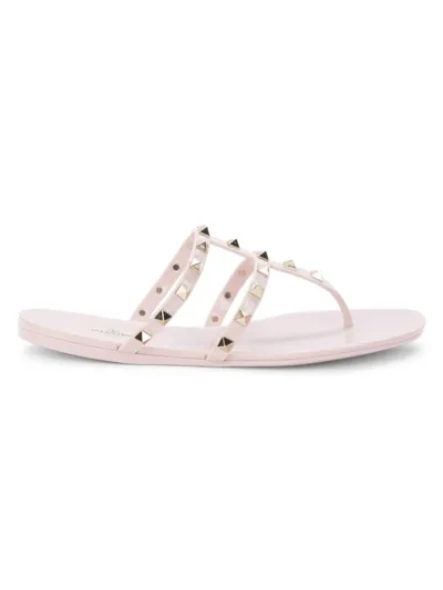 Valentino Garavani Rockstud T-strap Flat Slide Sandals In Poudre