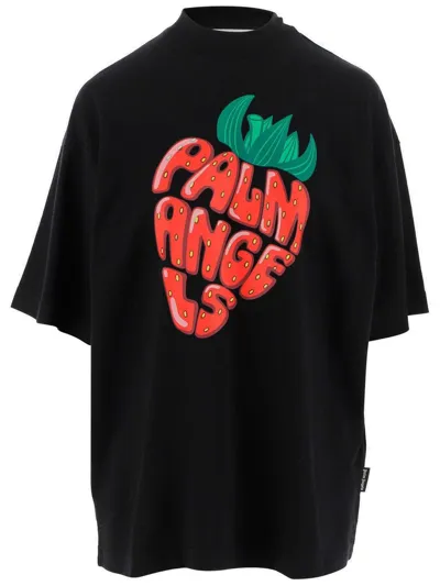 Palm Angels Strawberry Logo Printed Crewneck T-shirt In Nero