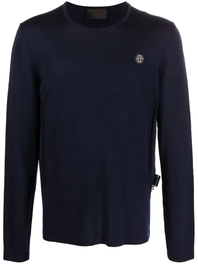 Philipp Plein Logo Patch Merino Wool Jumper In Blue