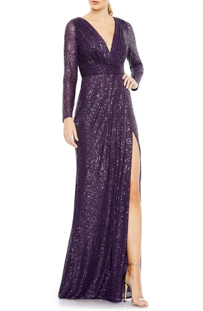 Mac Duggal Long Sleeve Sequin Faux Wrap Gown In Purple