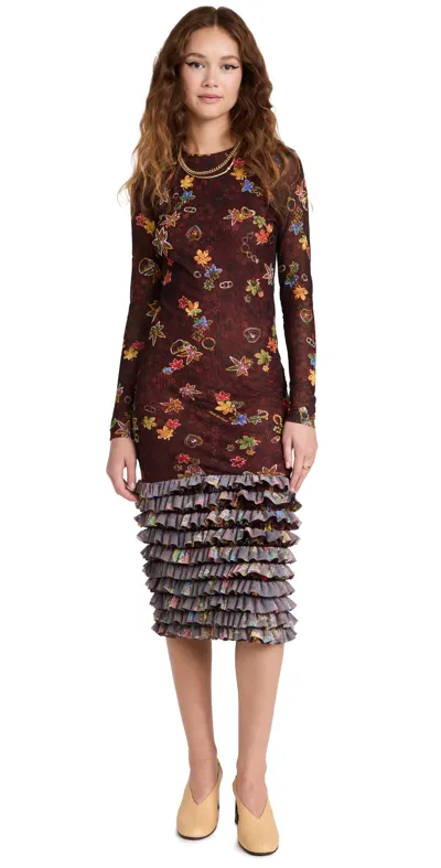 Molly Goddard Printed Mesh Midi Dress In Brown