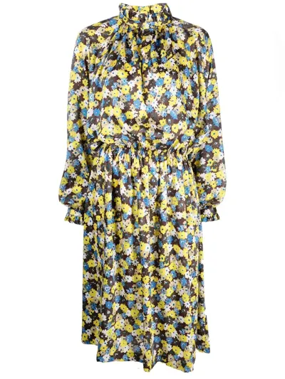 Plan C Twill Daisy Bouquet Print Dress In Yellow