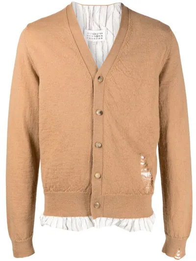 Maison Margiela Ruffle-trim V-neck Cardigan In Brown