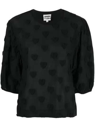 Bimba Y Lola Heart-embroidery Short-sleeve Top In Black