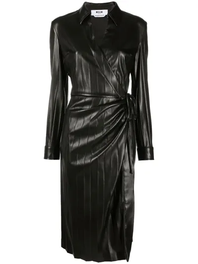 Msgm Faux-leather V-neck Wrap Dress In Schwarz