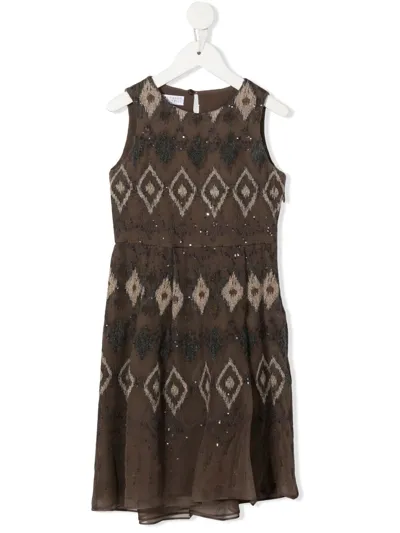 Brunello Cucinelli Kids' Geometric-pattern Embellished Dress In Brown