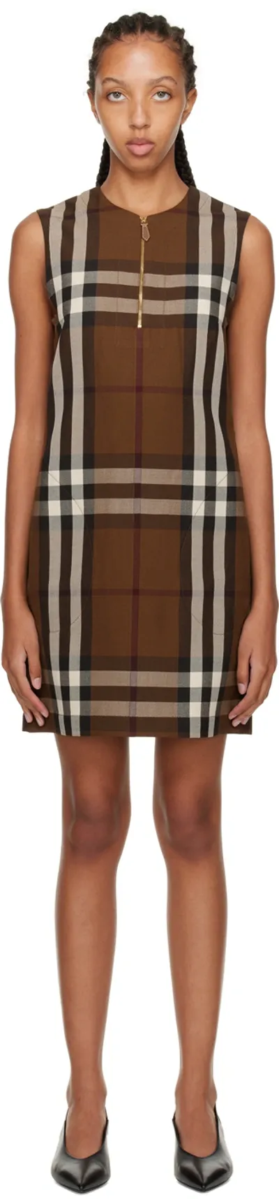 Burberry Sleeveless Check Wool Cotton Jacquard Dress In Dark Birch Brown