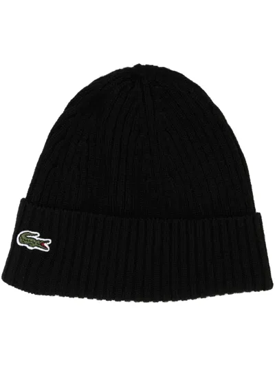 Lacoste Crocodile-patch Wool Beanie In Black