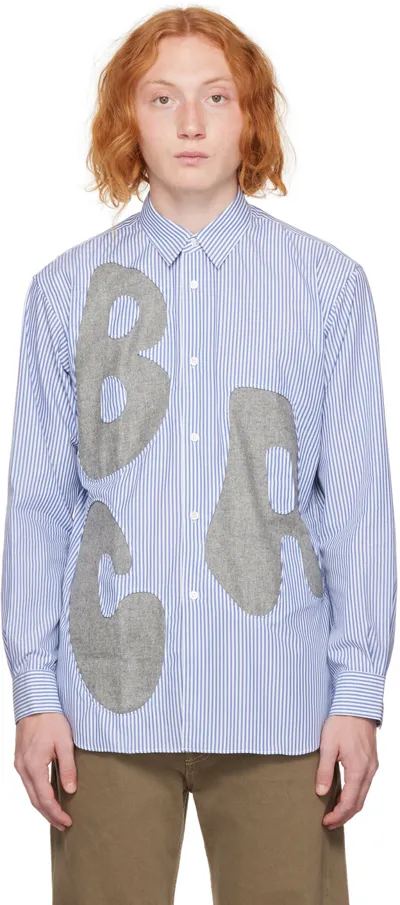 Comme Des Garçons Shirt Alphabet Wool Patch Detail Cotton Poplin Striped Button Up Shirt In Blue