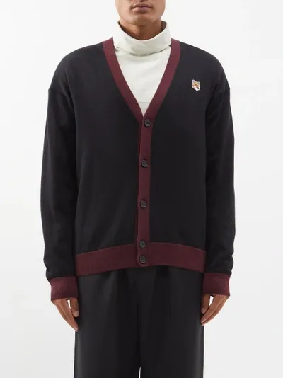 Maison Kitsuné Black & Burgundy Fox Head Patch Cardigan