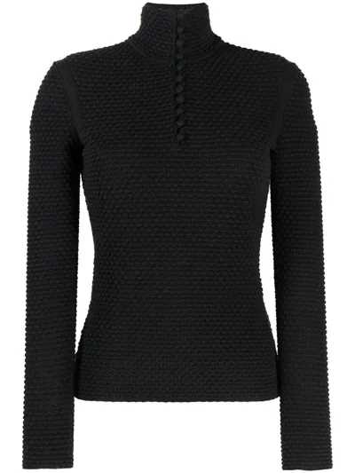 Ferragamo Open-knit Jumper With Buttoned High Collar In Black