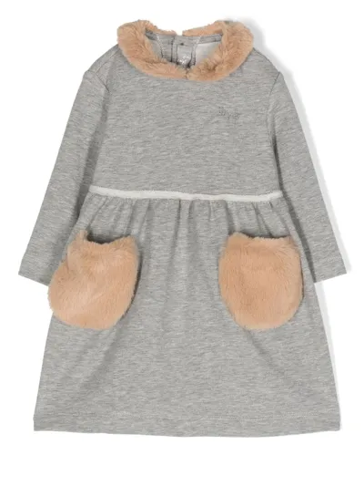 Il Gufo Babies' Faux-fur Trim Midi Dress In Grey