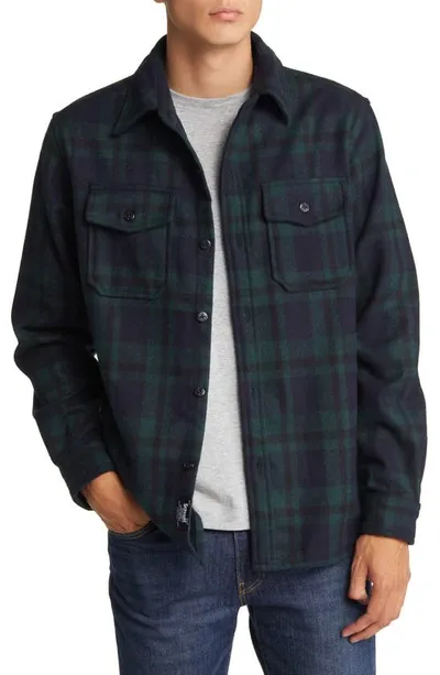 Schott Plaid Wool Blend Button-up Shirt Jacket In Hunter Green