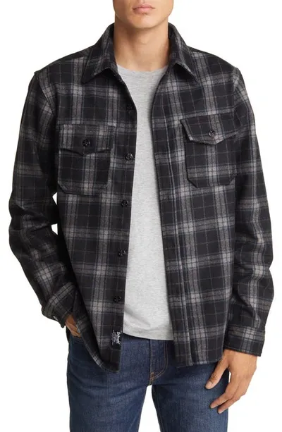 Schott Plaid Wool Blend Button-up Shirt Jacket In Black