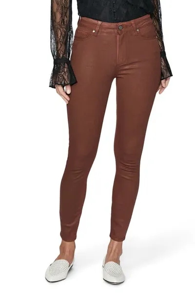 Paige Hoxton Coated High Waist Ankle Skinny Jeans In Burgundy Dust Luxe Coating