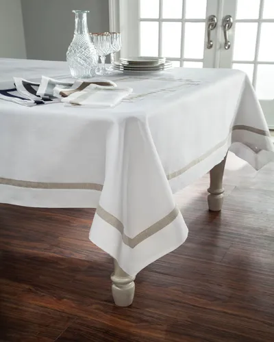 Home Treasures Fino Linen Tablecloth, 72" X 144" In White/navy Blue