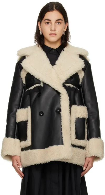 Sacai Black & Off-white Paneled Faux-shearling Jacket In Multi