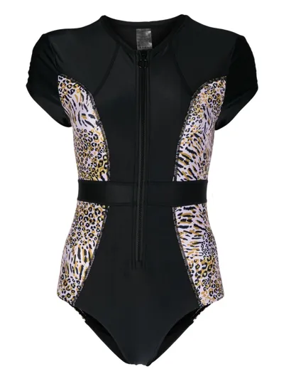 Duskii Leopard-print Cap-sleeve Swimsuit In Black