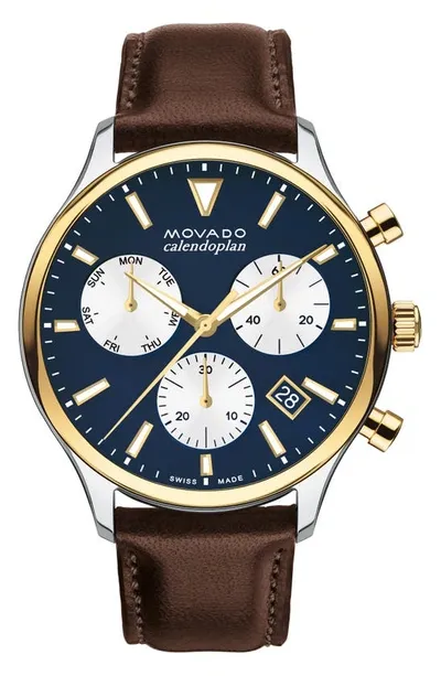 Movado Men's Heritage Calendoplan Swiss Quartz Chronograph Chocolate Genuine Leather Strap Watch 43mm In Brown