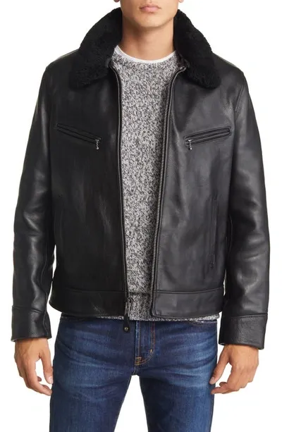 Schott Leather Moto Jacket With Genuine Shearling Trim In Black