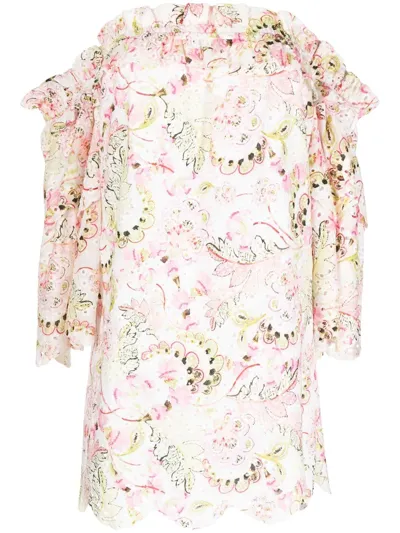 Misa Valerie Floral-print Off-the-shoulder Cotton Mini Dress In Weiss