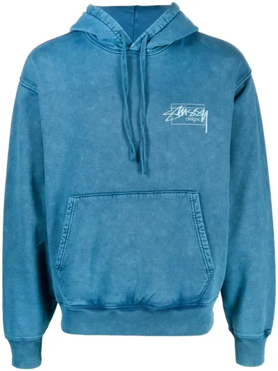 Stussy Logo-print Garment-dyed Cotton-jersey Hoodie In Blue