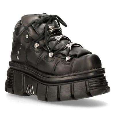 Pre-owned New Rock Botín De Piel Con Plataforma Rock Negro Tower M.106-c45