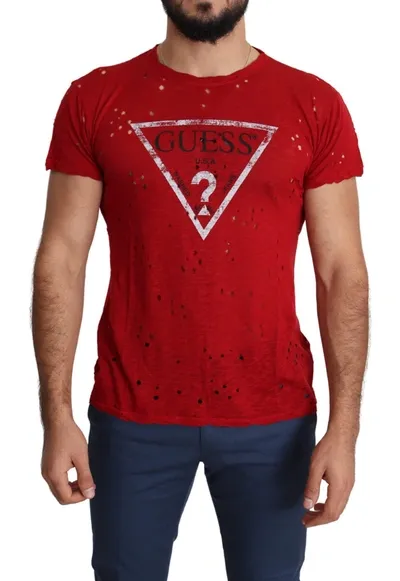 Guess Red Cotton Logo Print Men Casual Top Perforated T-shirt