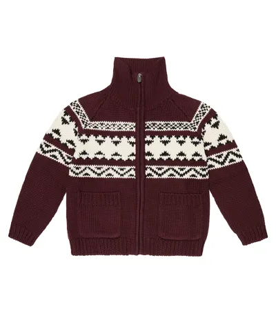 Il Gufo Kids' Jacquard Cotton Cardigan In Burgundy/milk