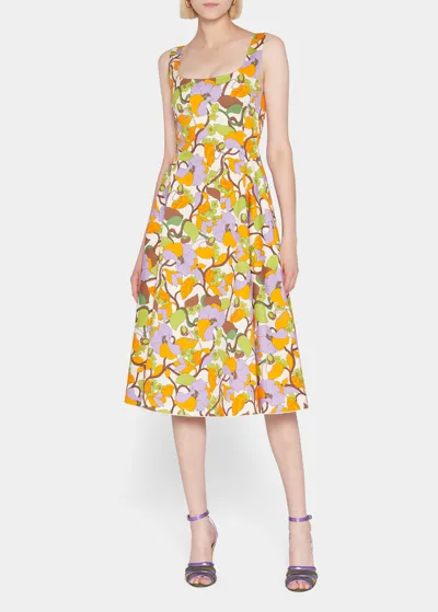 La Doublej Sophia Floral-print Scoop-neck Midi Dress In Vines Bianco