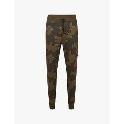 Hugo Logo-patch Camouflage-print Cotton-jersey Jogging Bottoms In Military Green