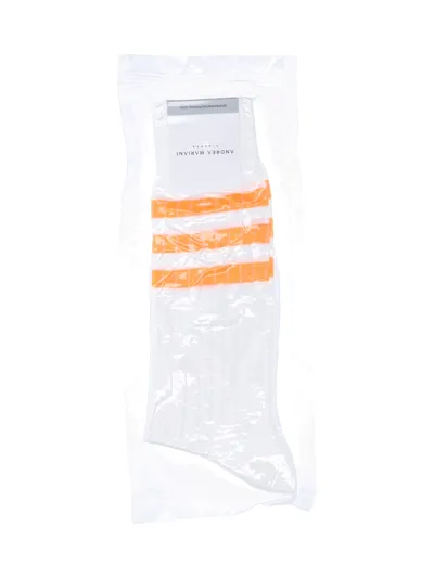 Andrea Mariani "fluo Orange" Striped Socks In Bianco