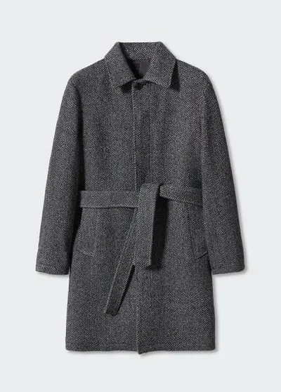 Mango Man Herringbone Pattern Wool Coat Black