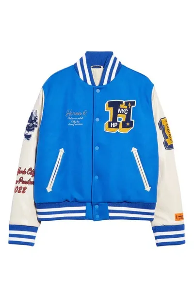 Heron Preston Patches Wool-blend And Faux Leather Varsity Jacket In Blue