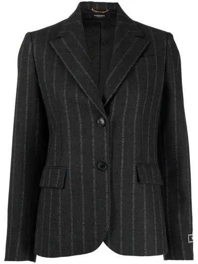 Versace Ges Logo-pinstripe Blazer In Black