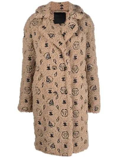 Philipp Plein Embroidered Monogram Faux-shearling Coat In Beige