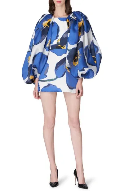 Carolina Herrera Gathered Floral-print Duchesse Silk-satin Mini Dress In Blue