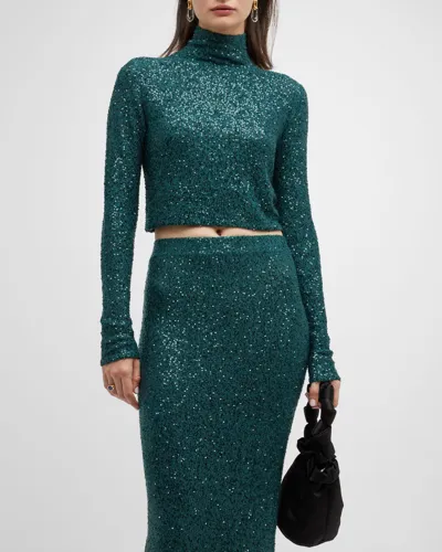 Lapointe Cashmere Sequin Crop Top In Emerald