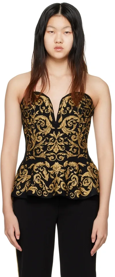 Moschino Baroque Print Sleeveless Peplum Bustier Top In Gold,black