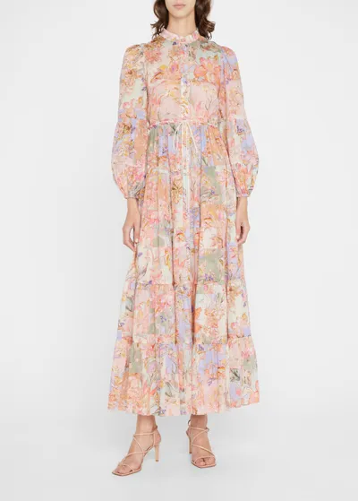 Zimmermann Cira Tiered Cotton Tie-waist Shirtdress In Patch Multi Foral