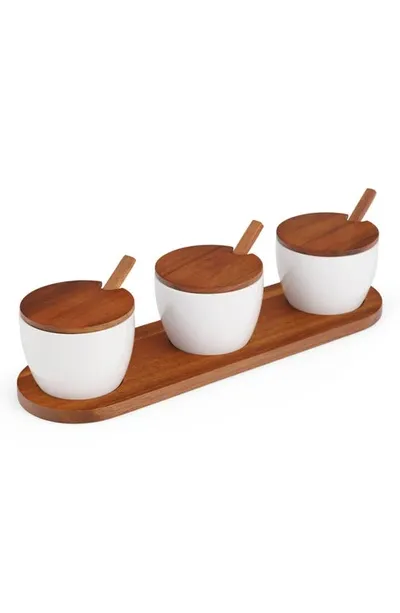 Nambe Nambé Duets Triple Condiment Server With Lids & Spoons In White