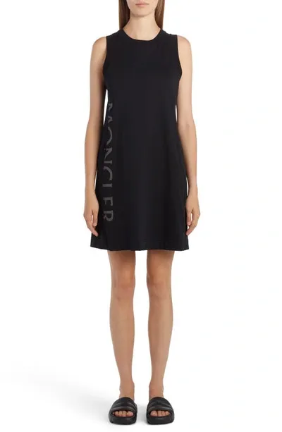 Moncler Logo Sleeveless Mixed Media Shift Dress In Black