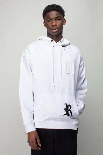 Raf Simons Leather-trimmed Distressed Logo-print Cotton-jersey Hoodie In White