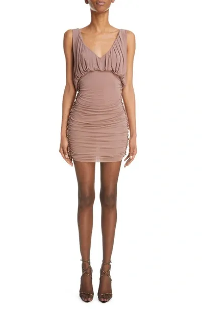 Saint Laurent Ruched Mini Dress In Rose Des Bois